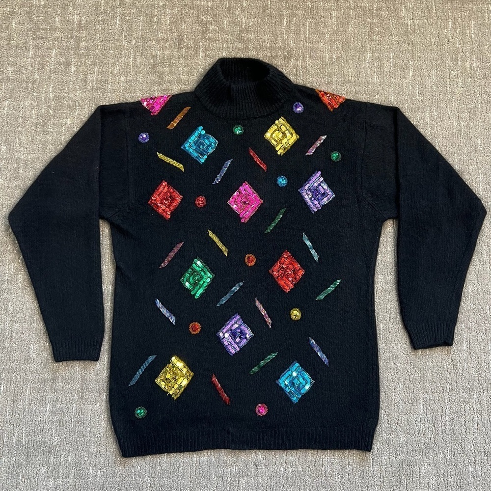 Vintage I.B. Diffusion Silk Blend Sweater Abstract Sequins Embroidery Black 90's